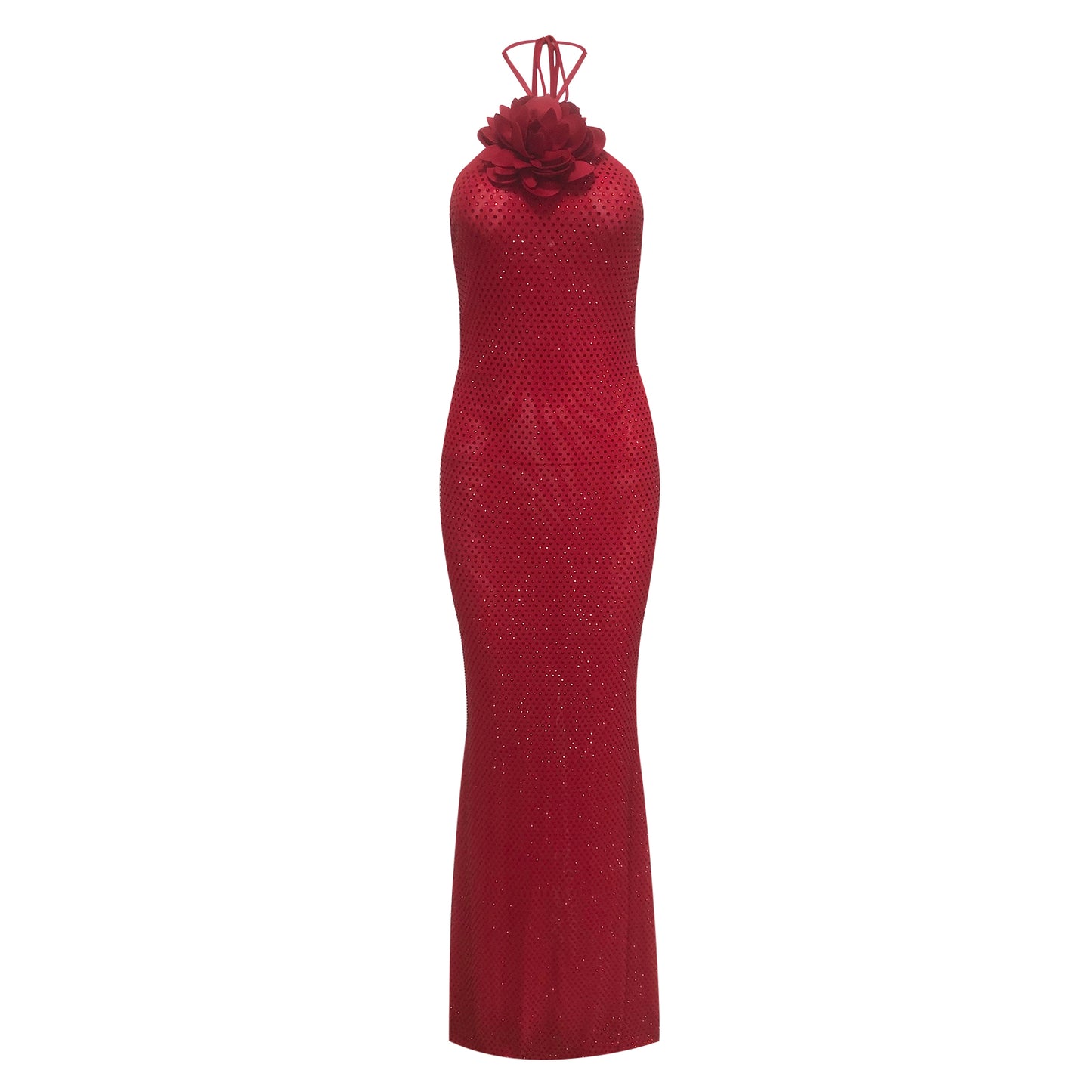 Halter Floral Embellished Maxi Dress Red