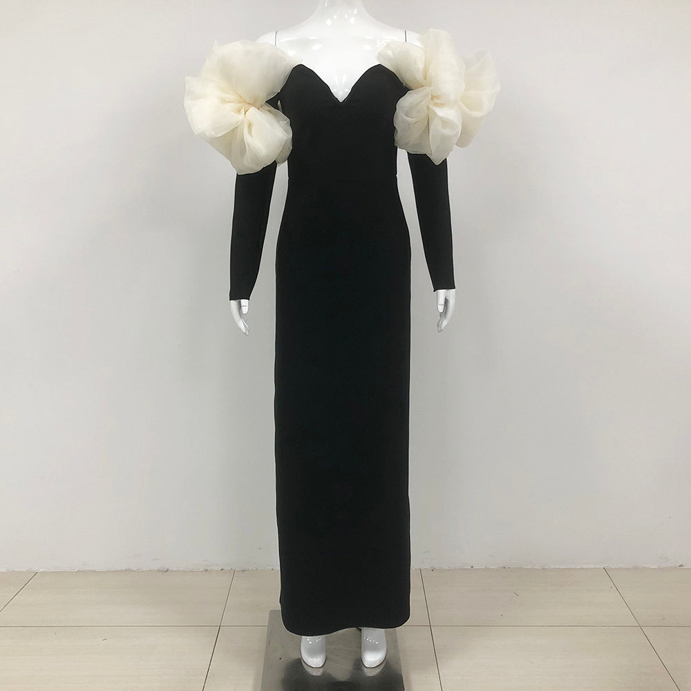 Long Sleeve Bardot Mesh Detail Maxi Dress HV1803