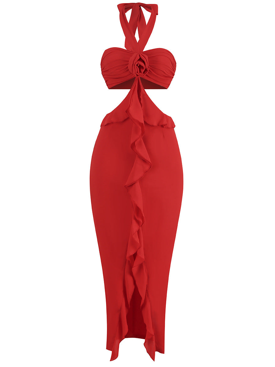 Halter Floral Ruffle Maxi Dress Red