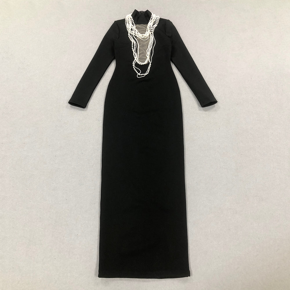 Long Sleeve Pearl Necklace Maxi Dress Black HV1700