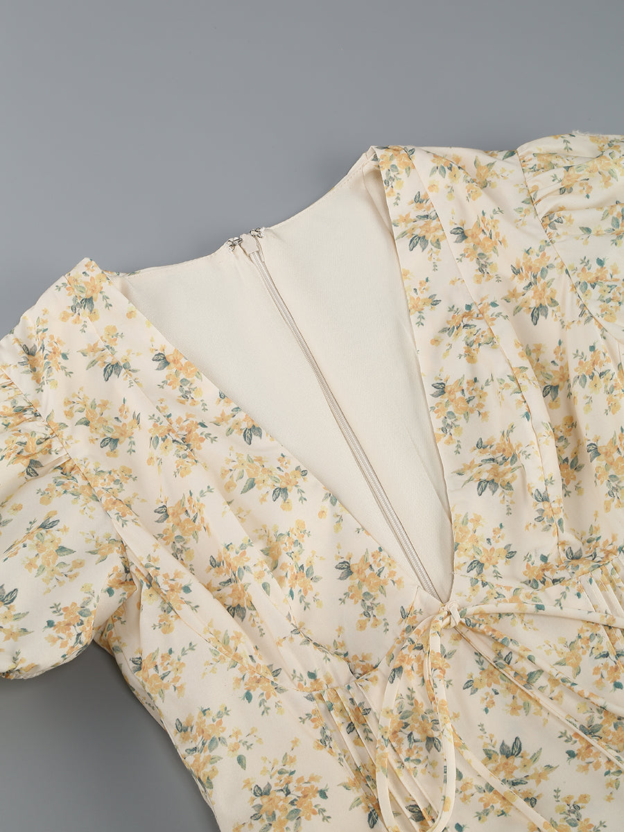 Short Sleeve Floral A Line Dress Yellow HV1205