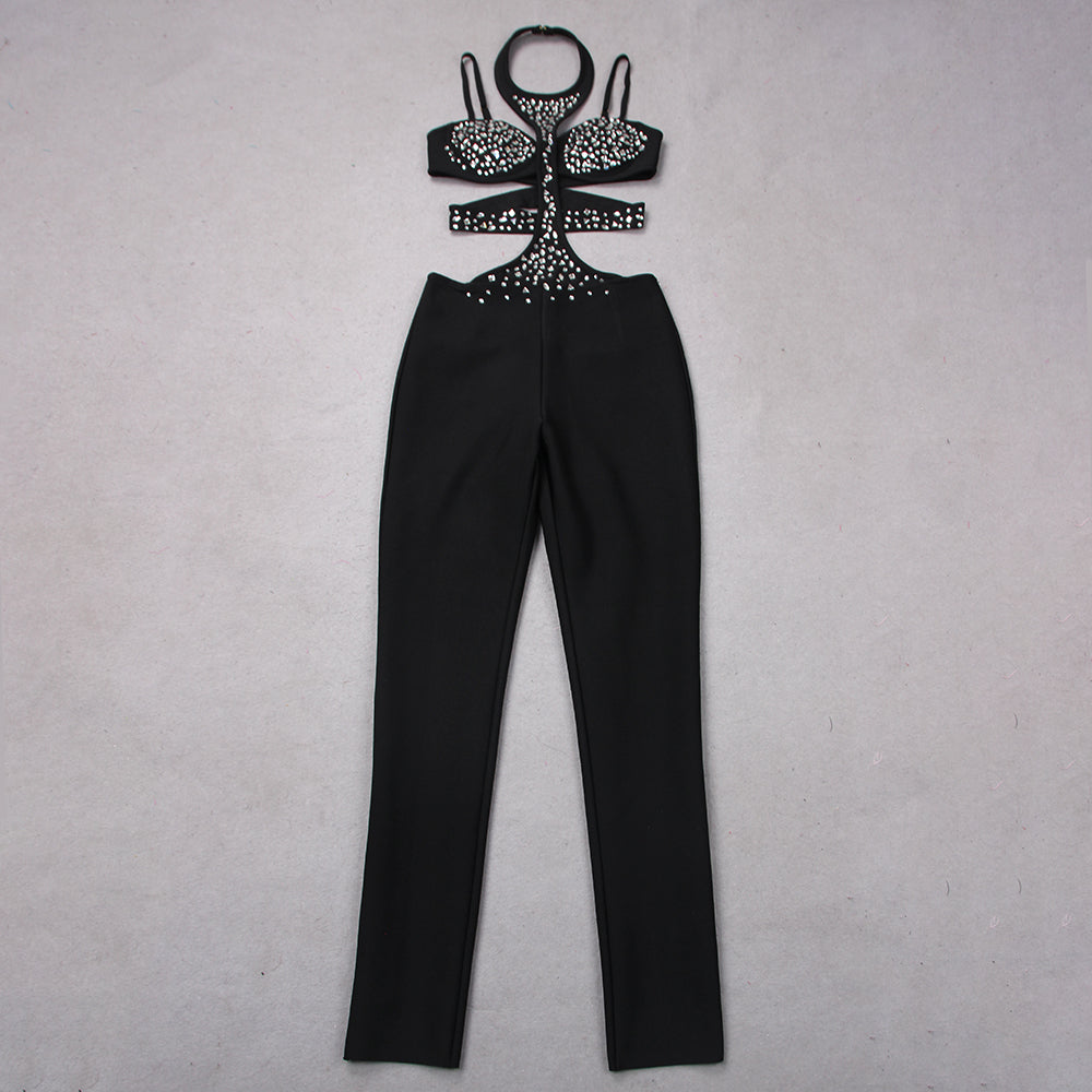 Halter Rhinestone Detail Jumpsuit Black HV9150