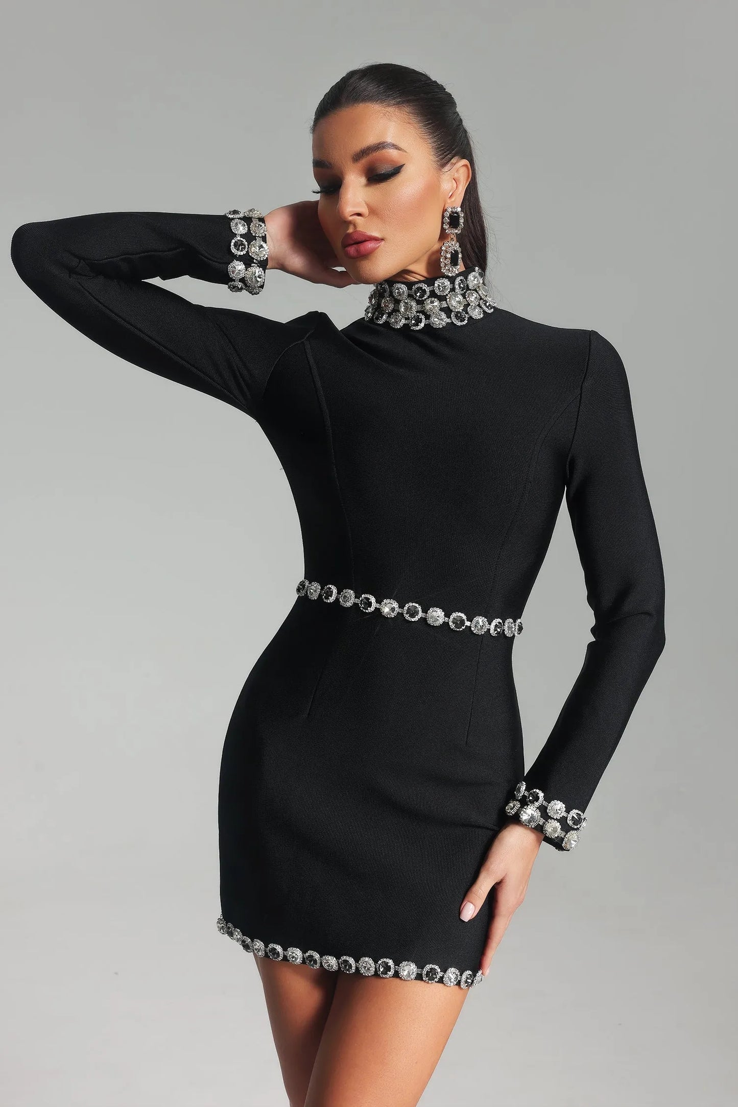 Long Sleeve Crystal Trim Detail Dress Black HV1665