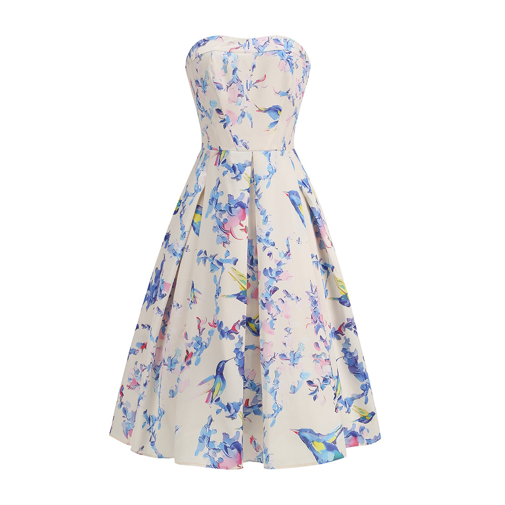 Strapless Floral Corset A Line Midi Dress