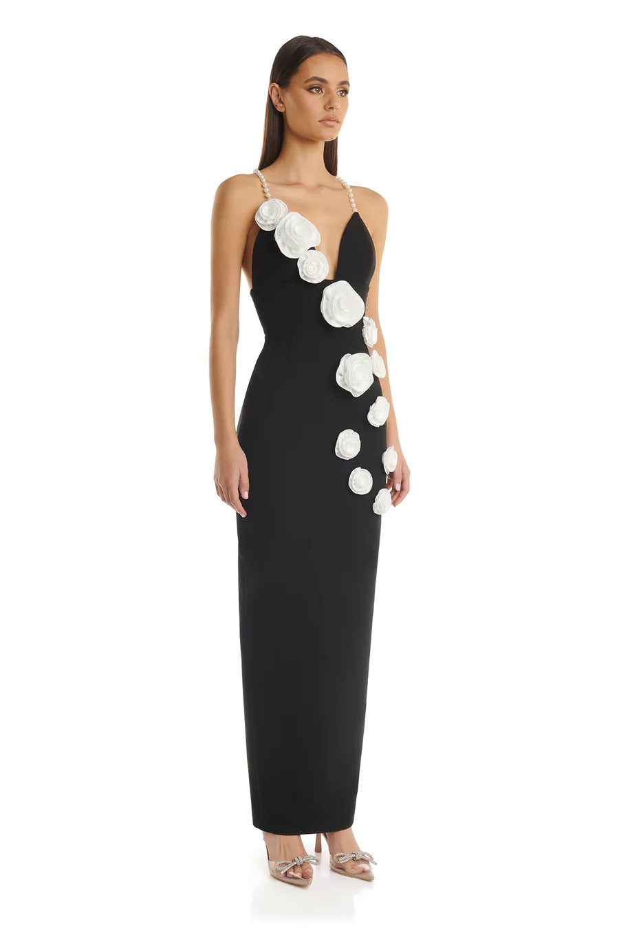 Flower Detail Pearl Straps Maxi Dress HV9874