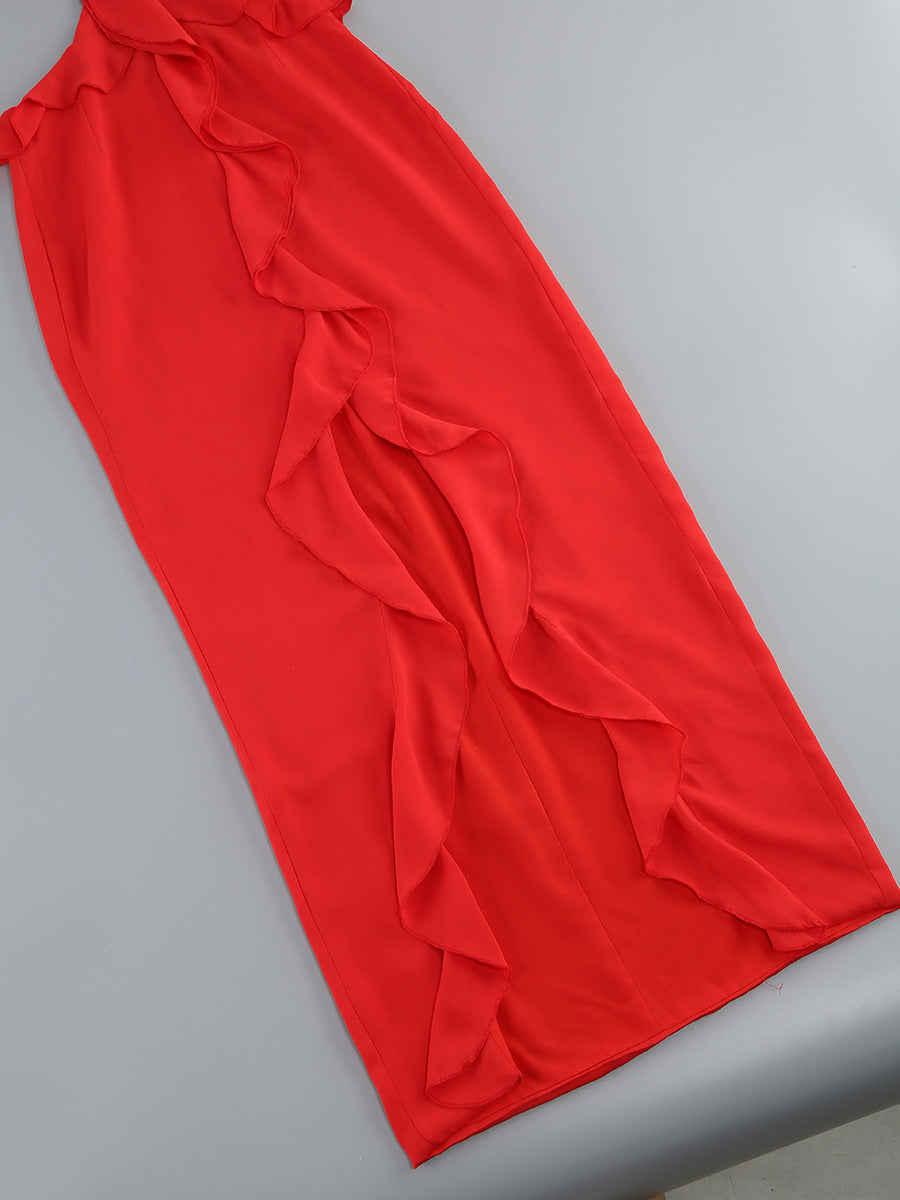 Halter Floral Ruffle Maxi Dress Red