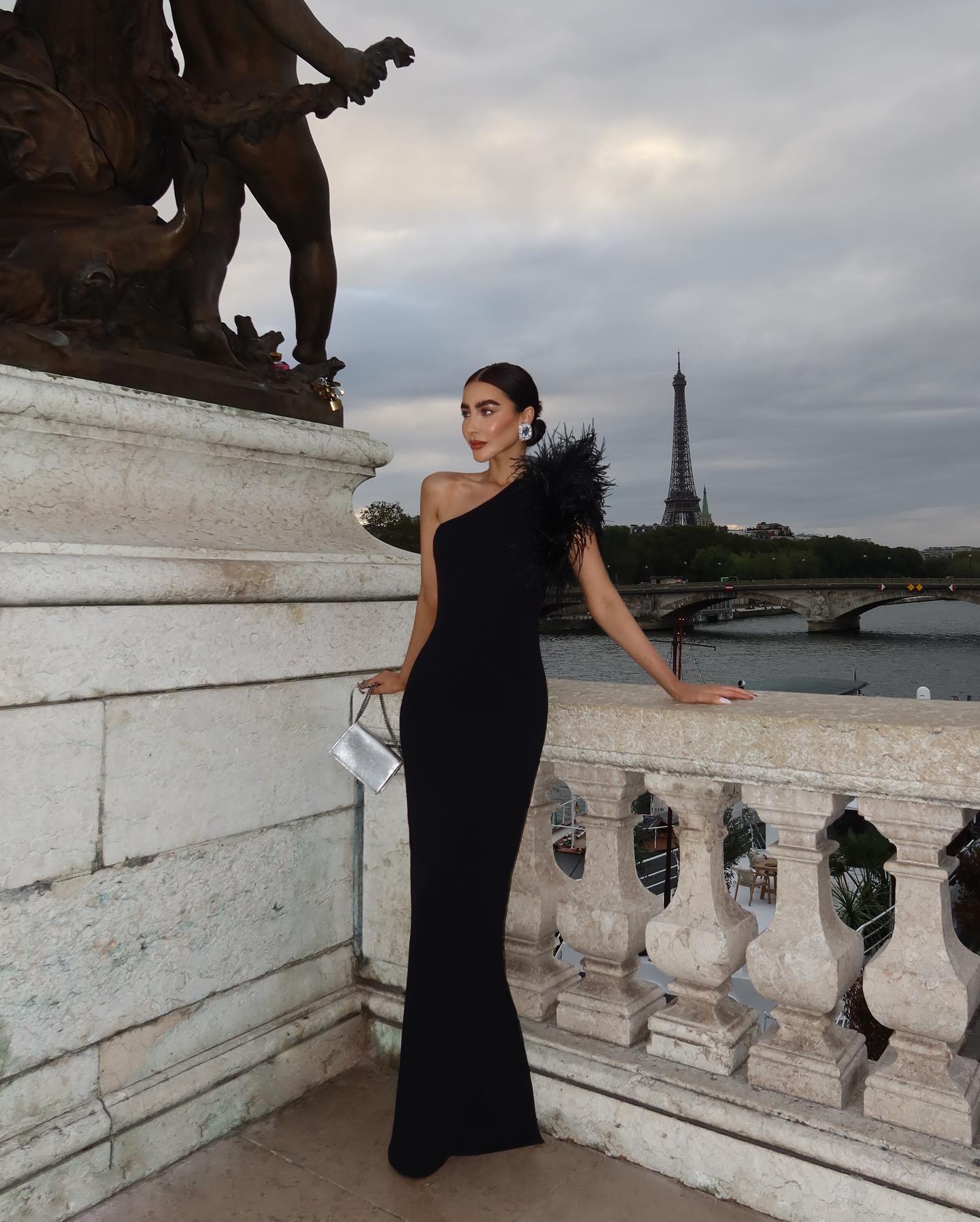 Feather One Shoulder Mermaid Maxi Dress Black HV9959