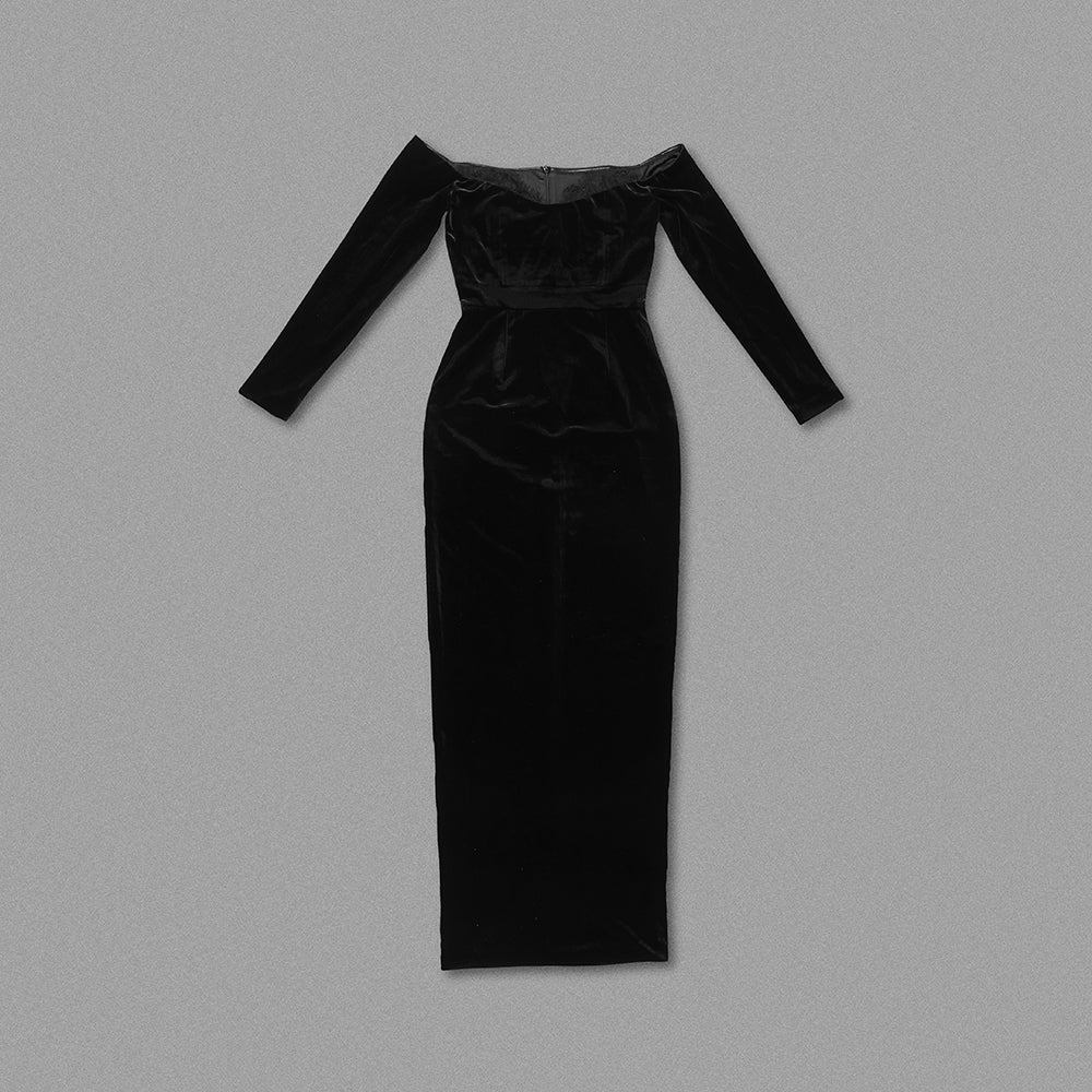 Long Sleeve Lace Insert Maxi Velvet Dress Black HV9962