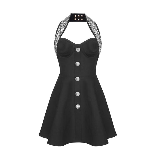 Halter Crystal Bustier A Line Dress Black HV1180