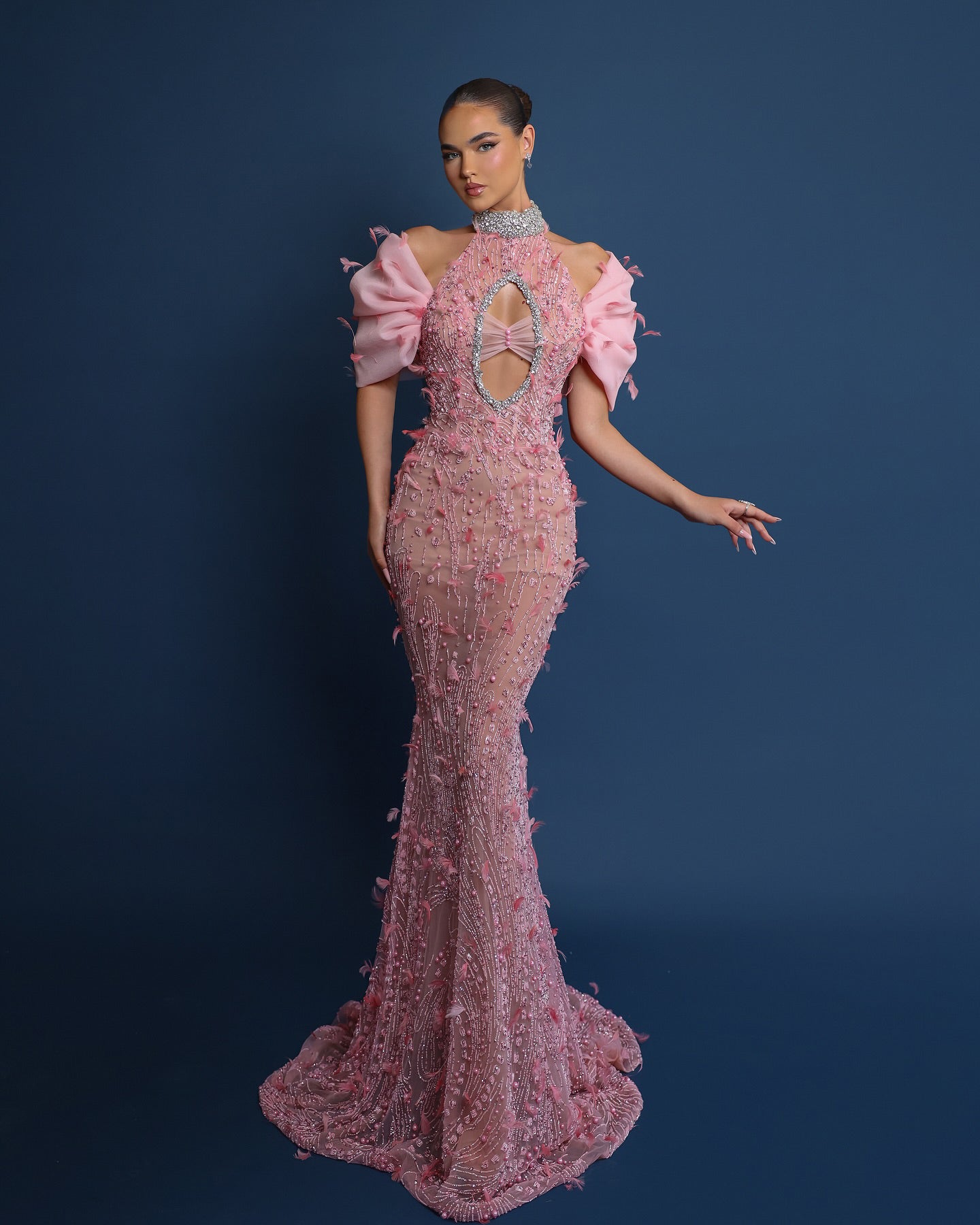 Halter Crystal Sequin Feather Maxi Dress Pink HV1961
