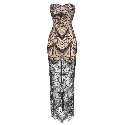 Strapless Bustier Sequin Maxi Dress Black HV1728