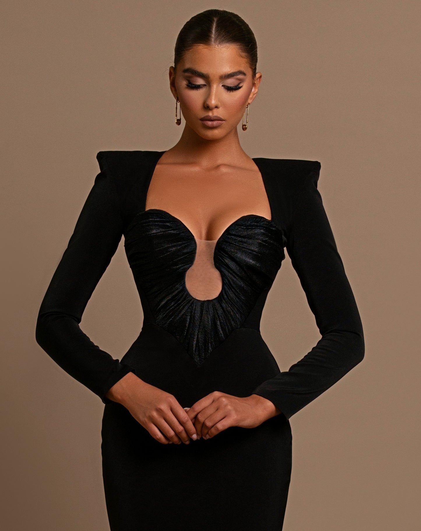 Long Sleeve Draped Bustier Maxi Dress HV1991