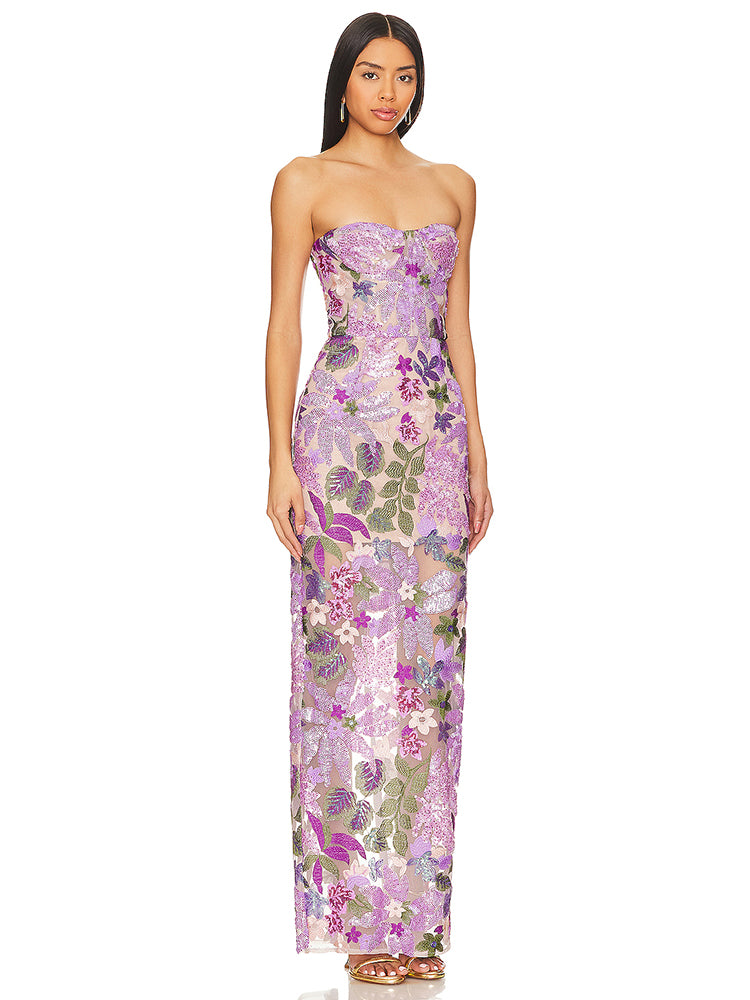 Strapless Floral Sequin Bustier Maxi Dress Lavender HV1373