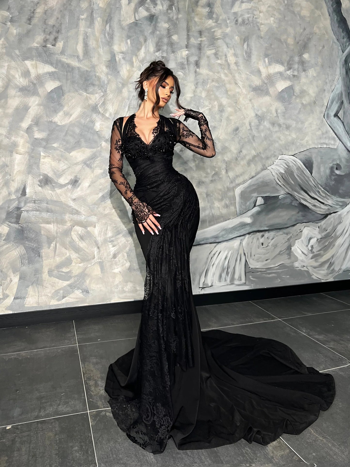 Long Sleeve Halter Sequin Lace Maxi Dress Black HV2231