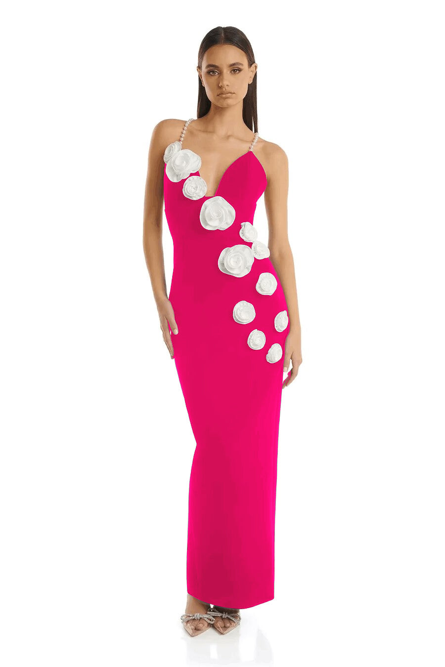 Flower Detail Pearl Straps Maxi Dress HV9874