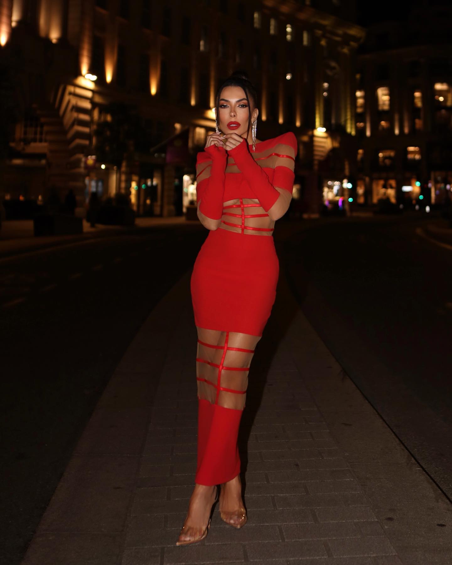 Long Sleeve Mesh Insert Midi Dress HV1502