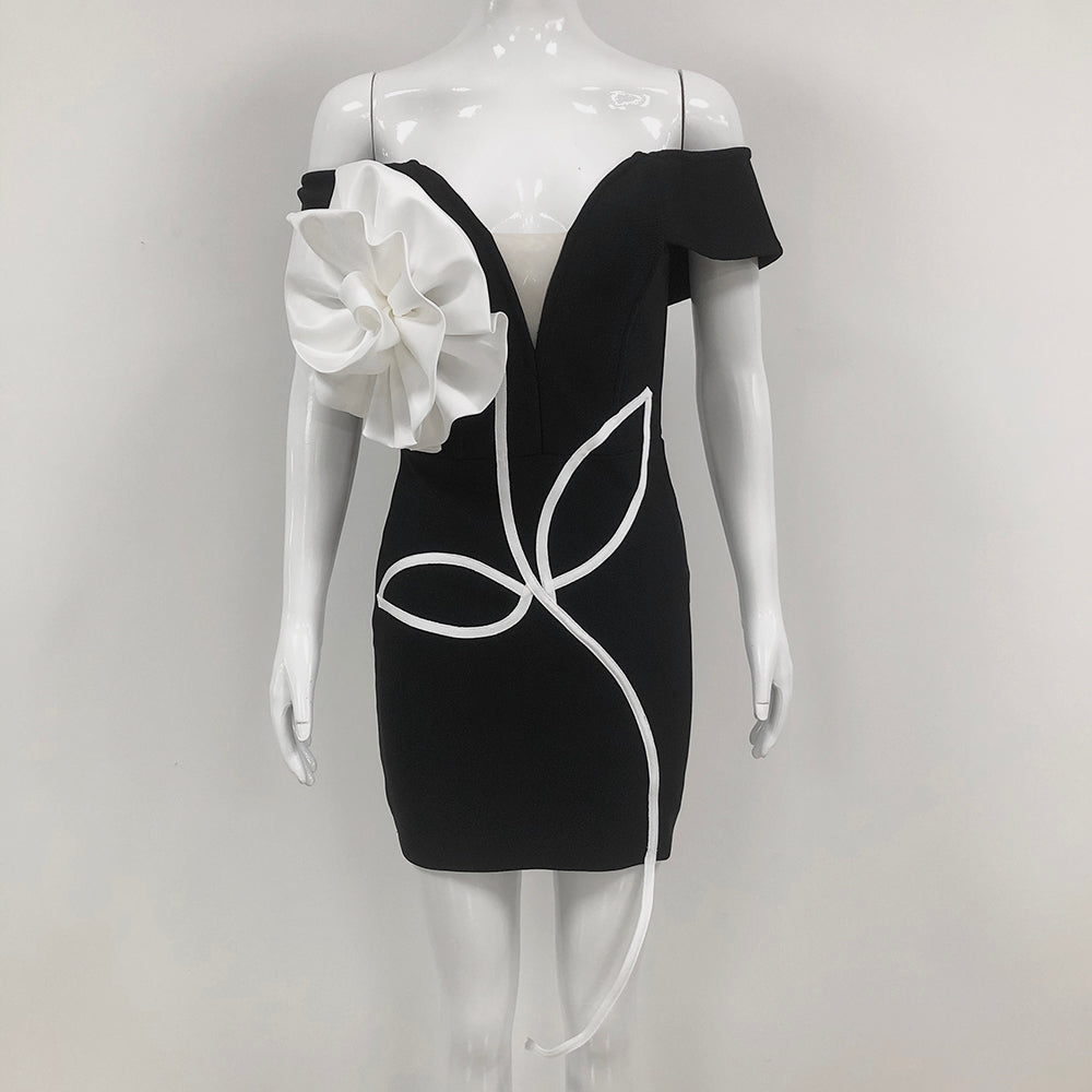 Floral Bardot Dress Black White HV1595