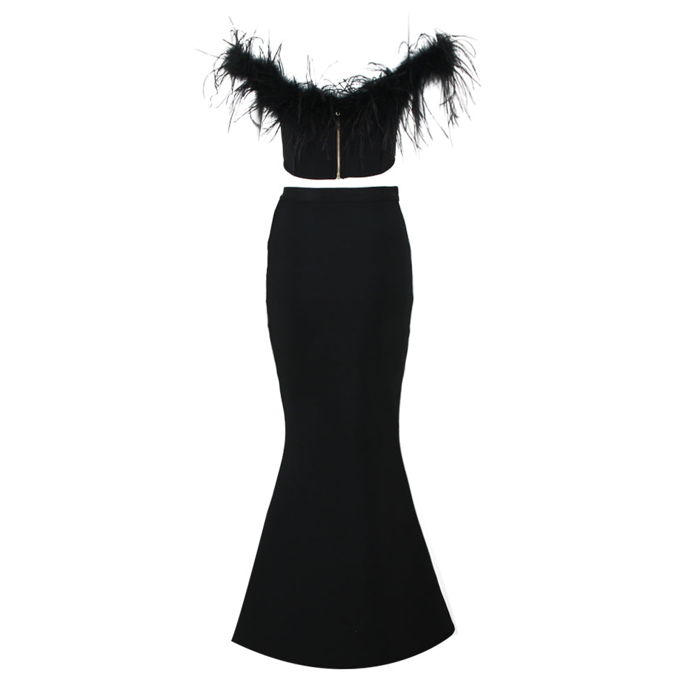 Feather Off Shoulder Mermaid Maxi Dress Black HV9955