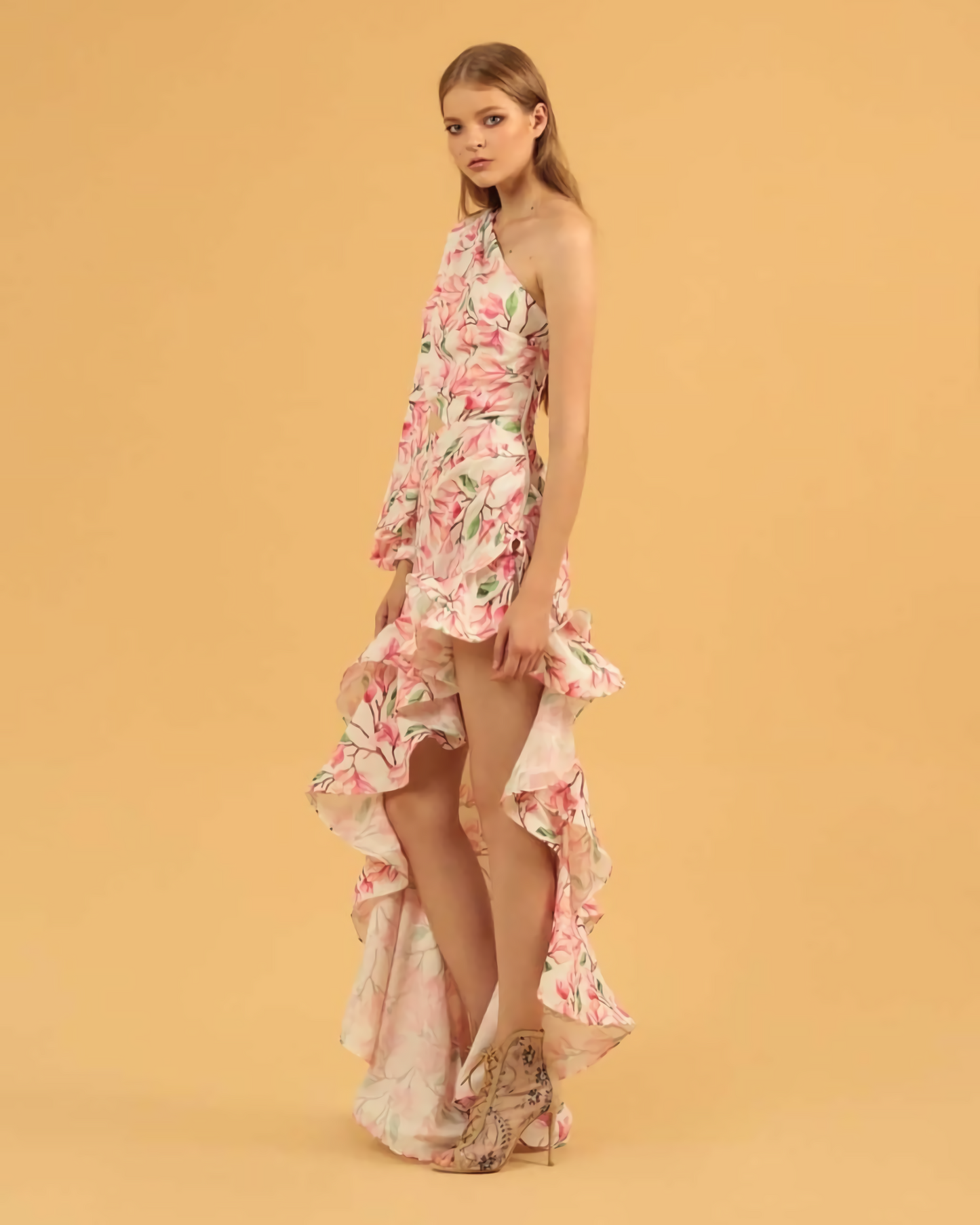 One Sleeve Floral Ruffle Maxi Dress Rose Pink HV1367