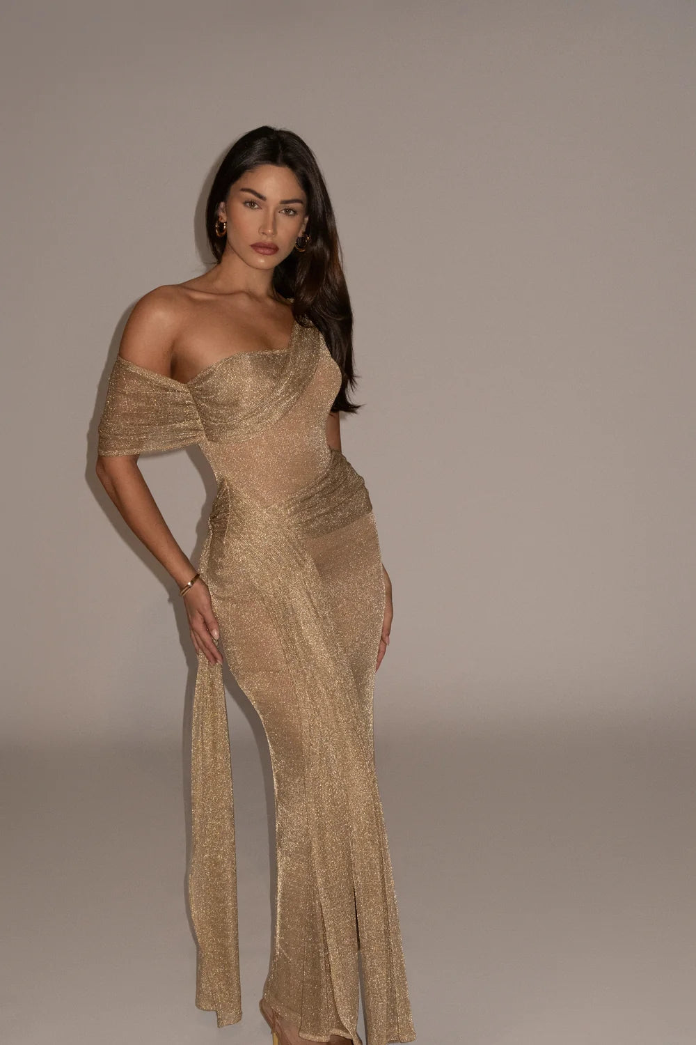 One Shoulder Draped Maxi Dress Gold Nude HV2070