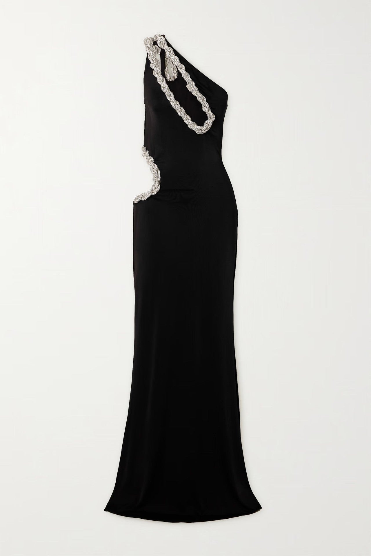 One Shoulder Crystal Chain Detail Maxi Dress Black HV3317