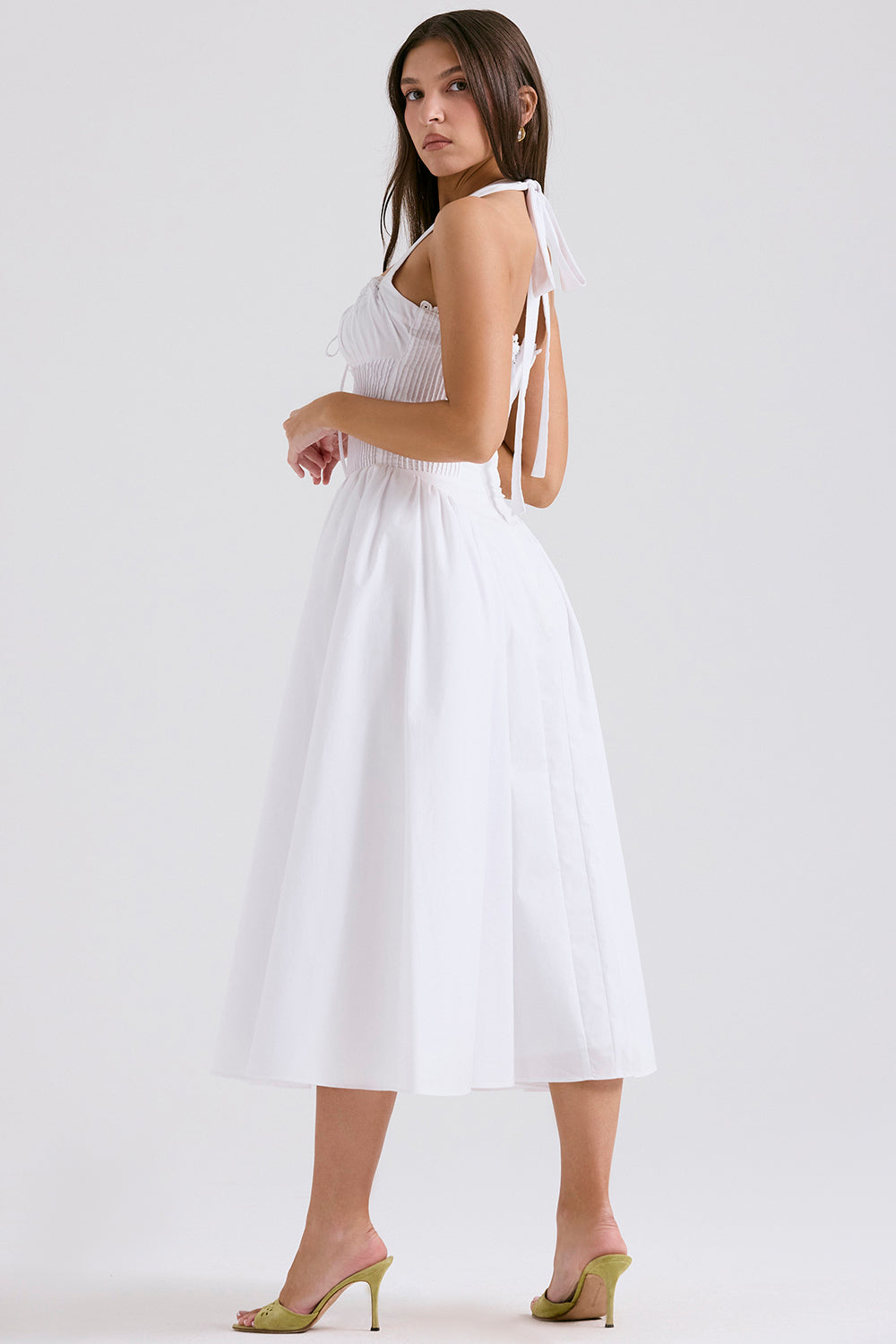 Halter Lace Bustier A Line Midi Dress White HV1290