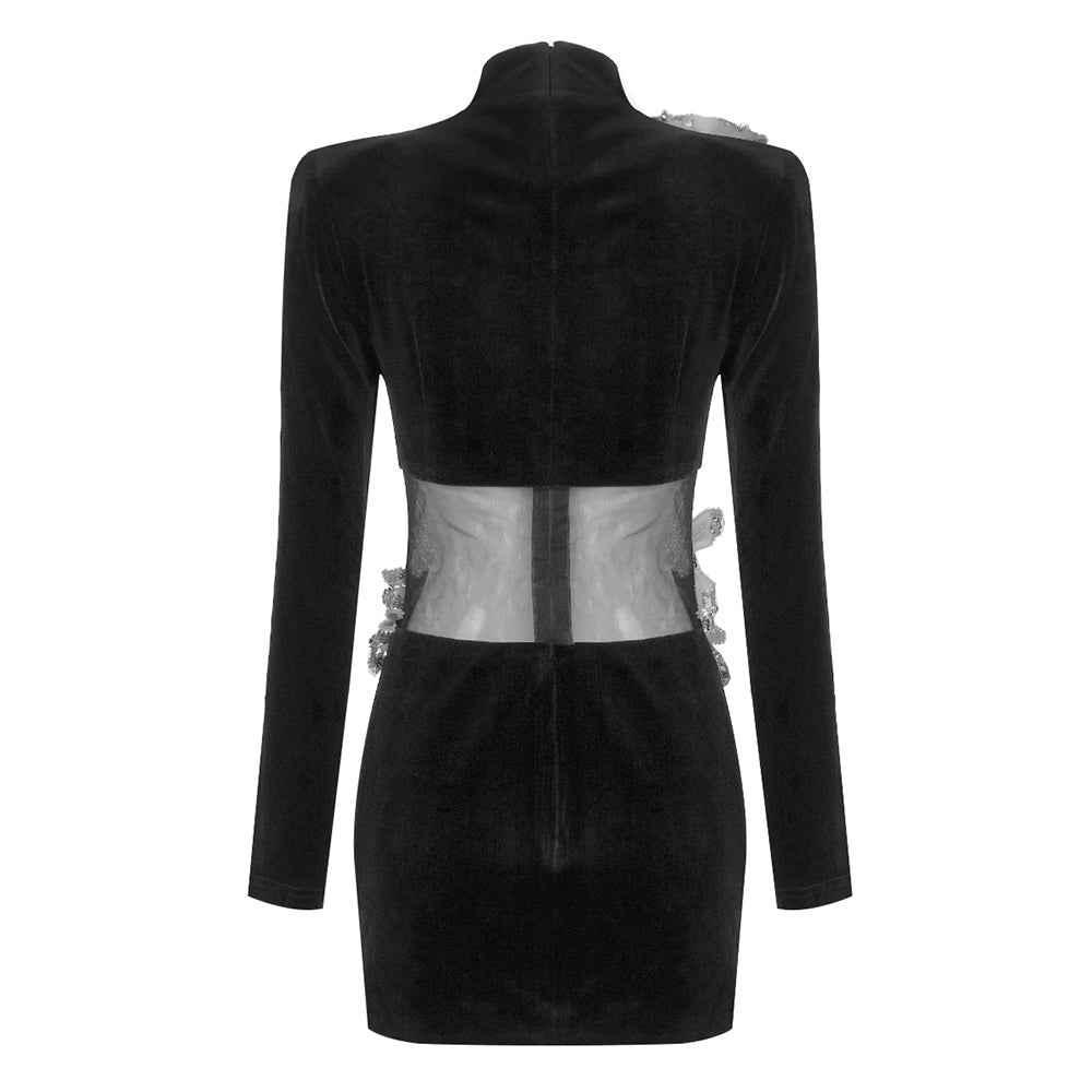 Long Sleeve Sequin Floral Velvet Dress Black HV1695