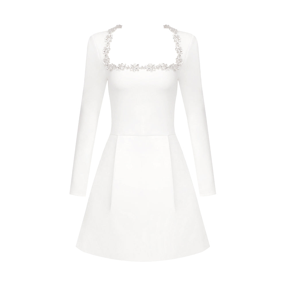 Long Sleeve Crystal A Line Dress White HV1295