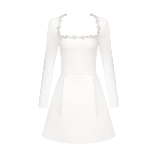 Long Sleeve Crystal A Line Dress White HV1295