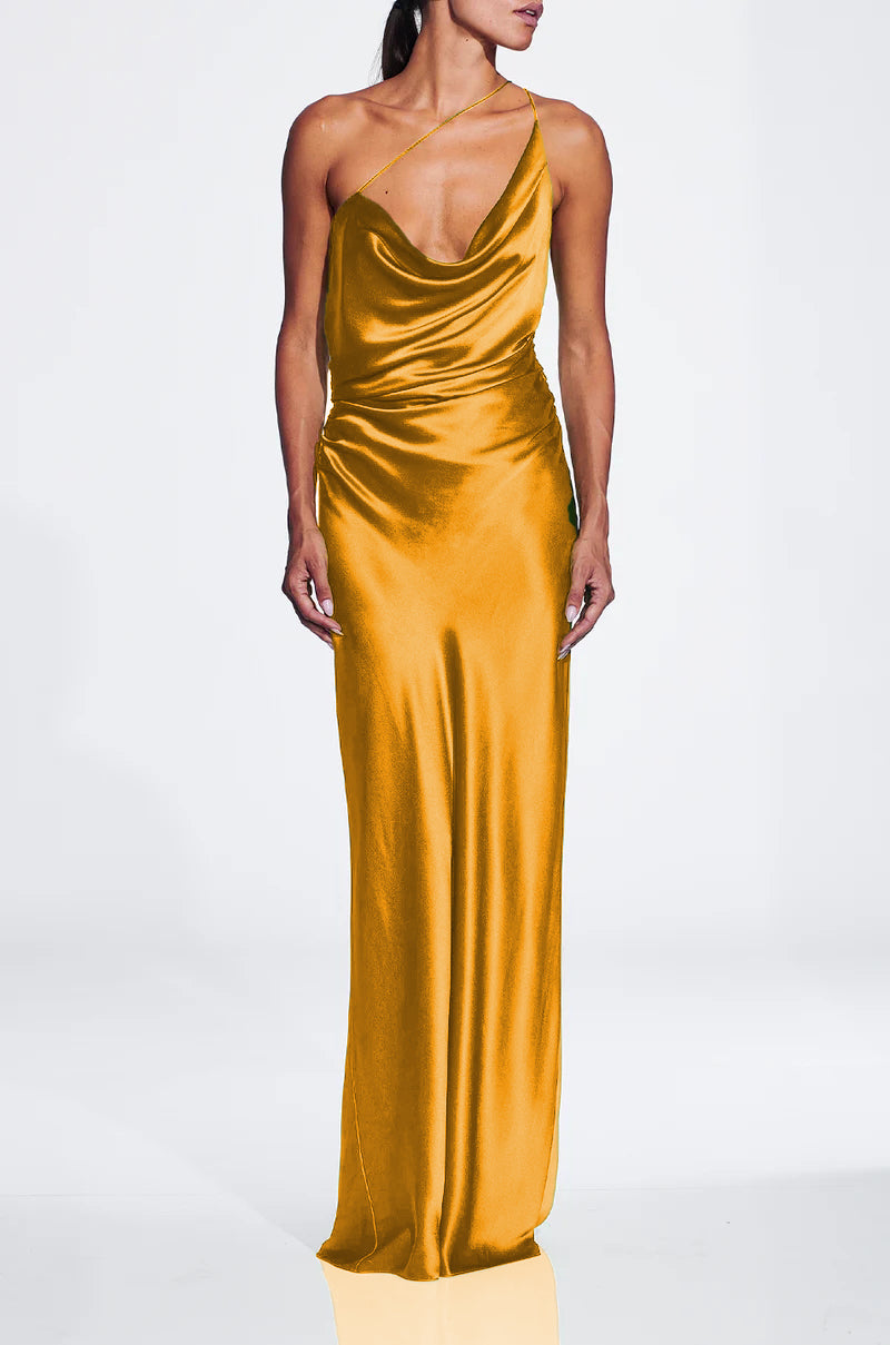 One Shoulder Draped Maxi Dress Gold HV1925