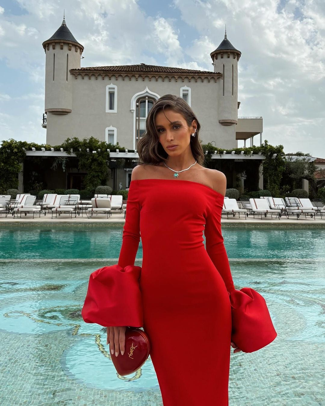 Long Sleeve Bardot Maxi Dress Red HV1855