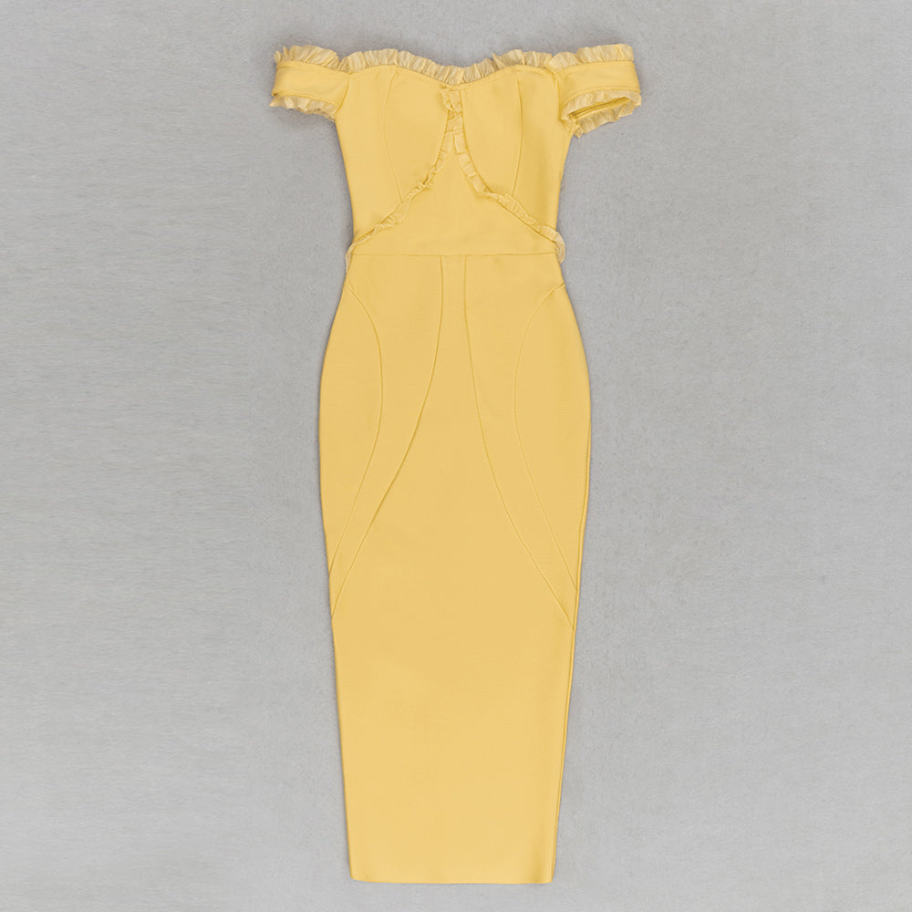 Off Shoulder Ruffle Detail Midi Dress Yellow HV9692