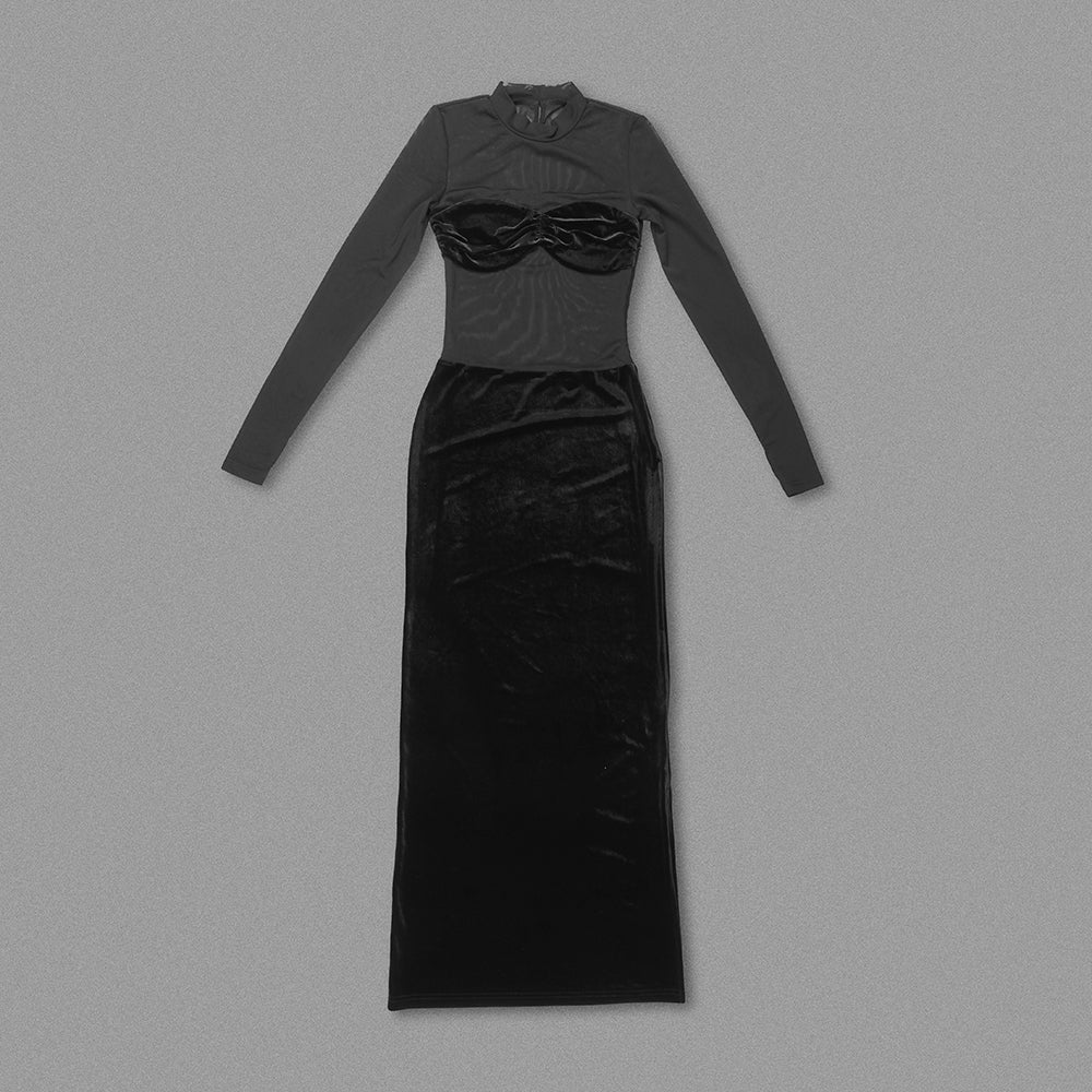 Long Sleeve Bustier Mesh Maxi Dress Black HV1537