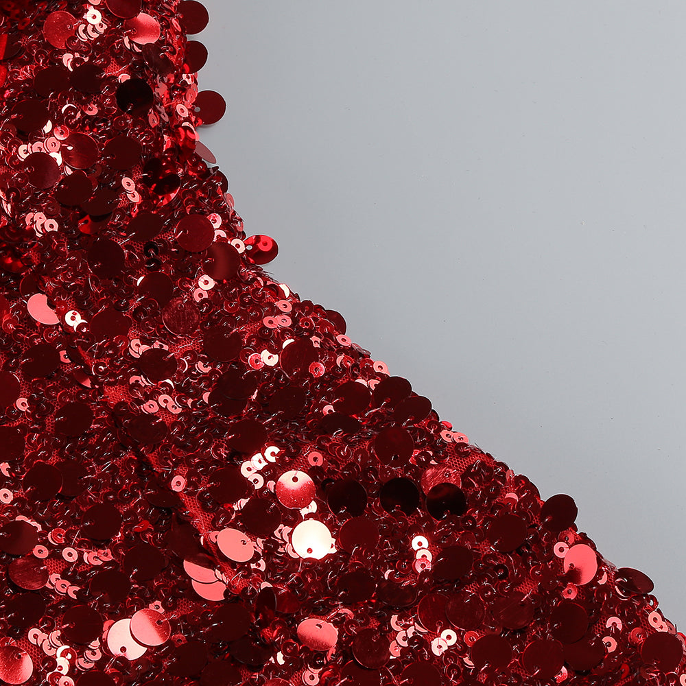 Draped Sequin Maxi Dress Red Silver HV1924