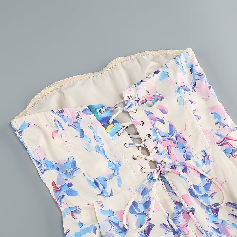 Strapless Floral Corset A Line Midi Dress