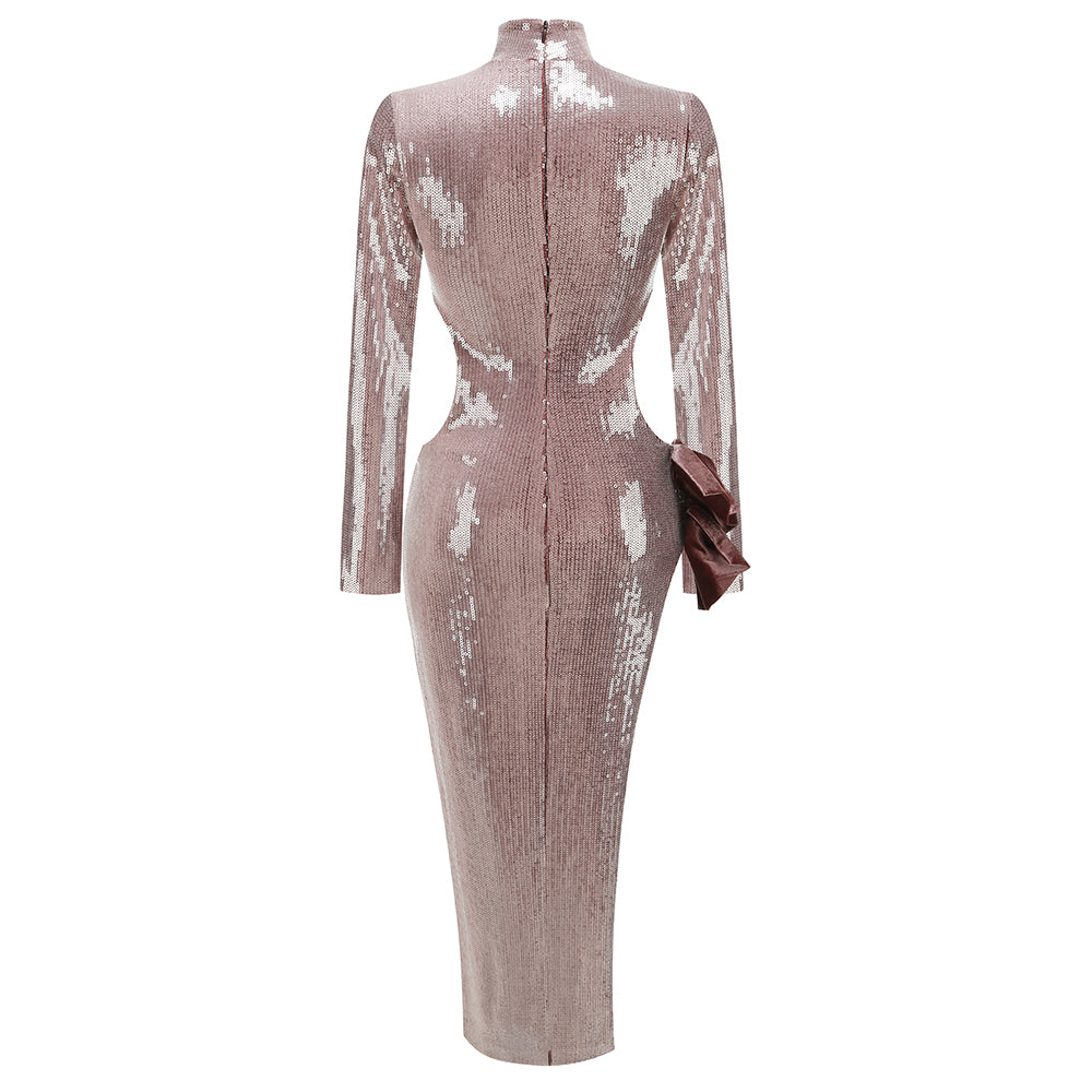 Long Sleeve Bow Detail Sequin Maxi Dress HV1705