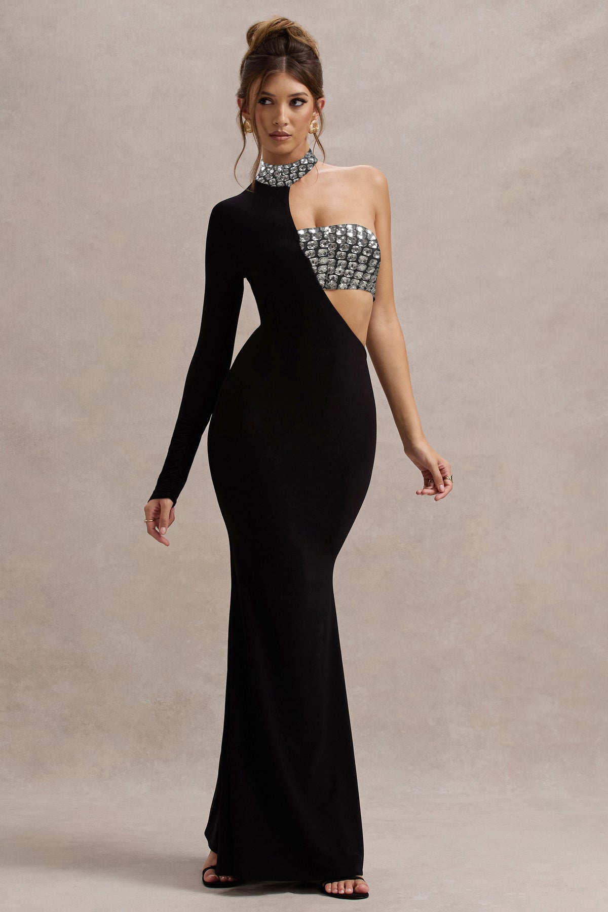 One Sleeve Crystal Detail Maxi Dress Black HV2098
