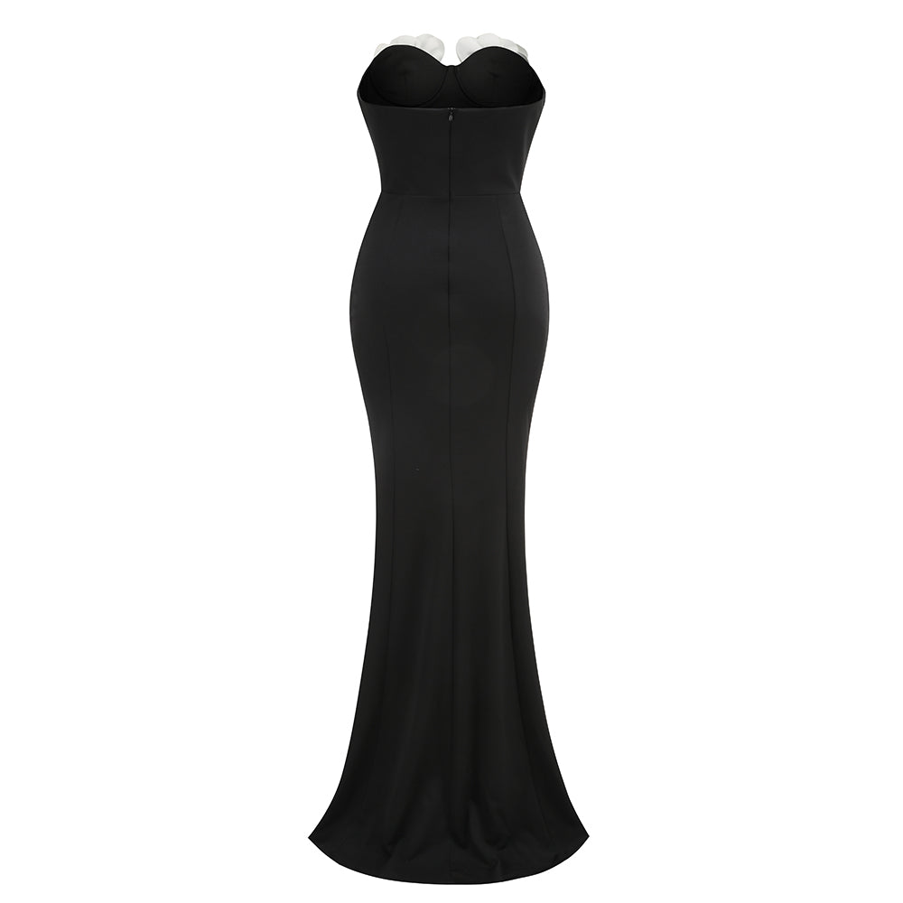 Strapless Floral Bustier Maxi Dress Black Silver HV2037