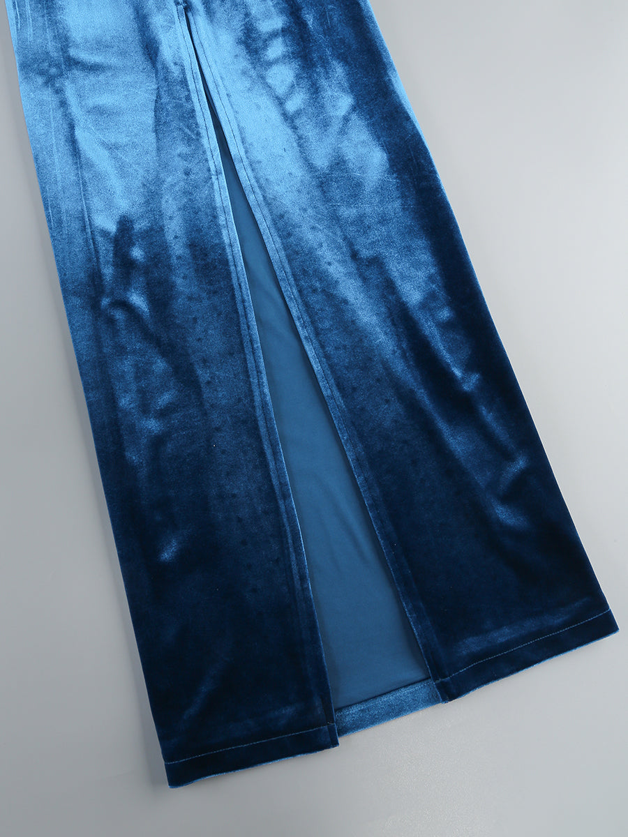 One Sleeve Maxi Velvet Dress Blue