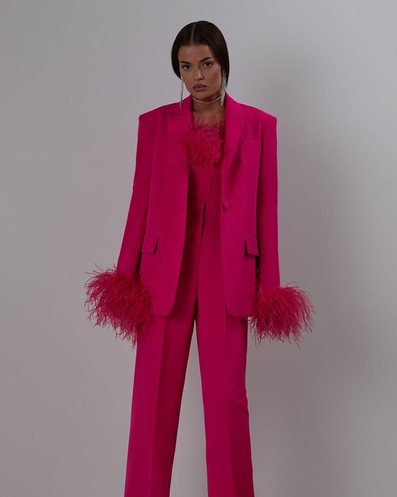 Long Sleeve Feather Detail Suit Hot Pink HV1267