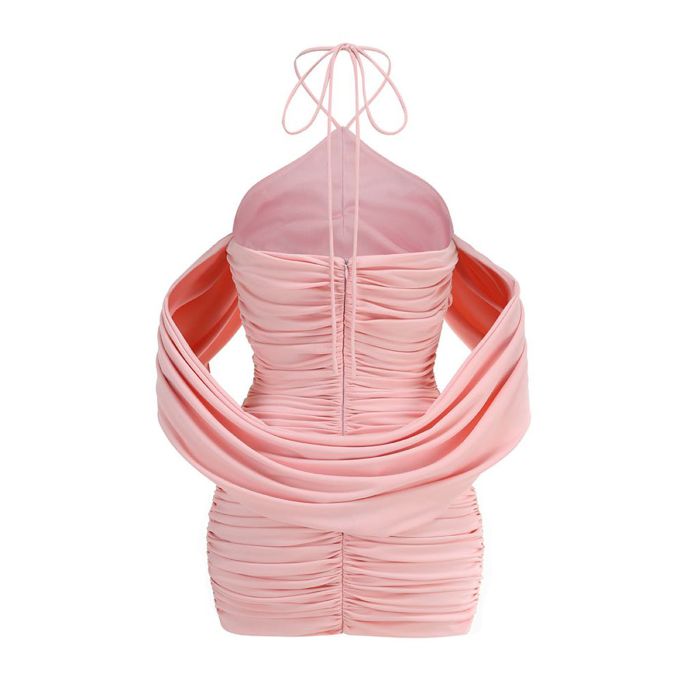 Halter Floral Detail Draped Dress Pink HV1589