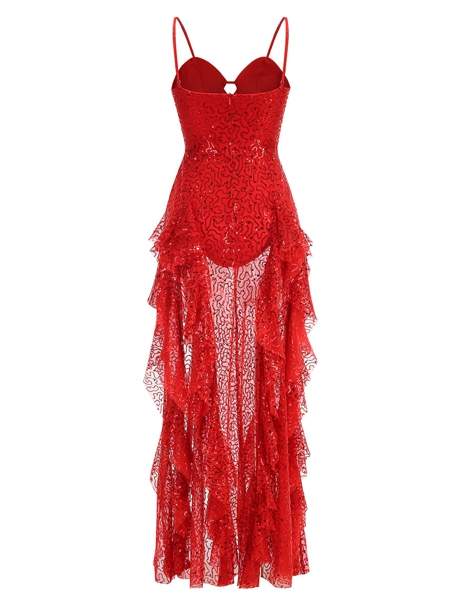 Bustier Sequin Ruffle Maxi Dress Red