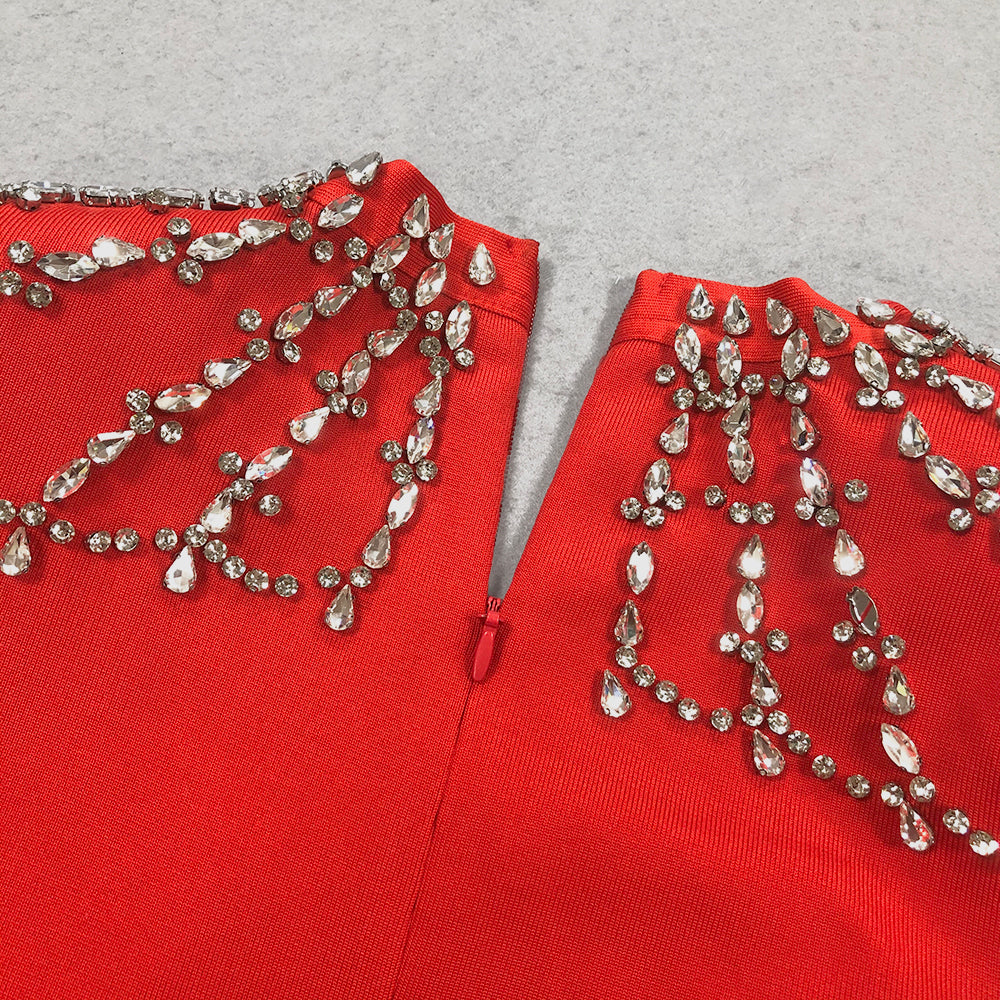 Long Sleeve Crystal Shoulder Maxi Dress Red BB10026