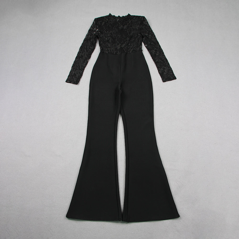 Long Sleeve Lace Sequin Jumpsuit Black HV1135