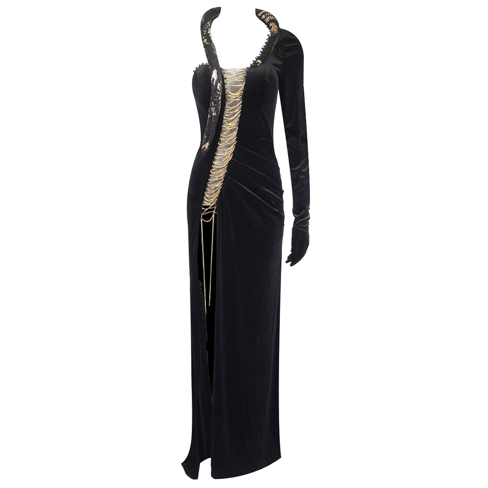 One Sleeve Lace Up Maxi Velvet Dress Black HV1764