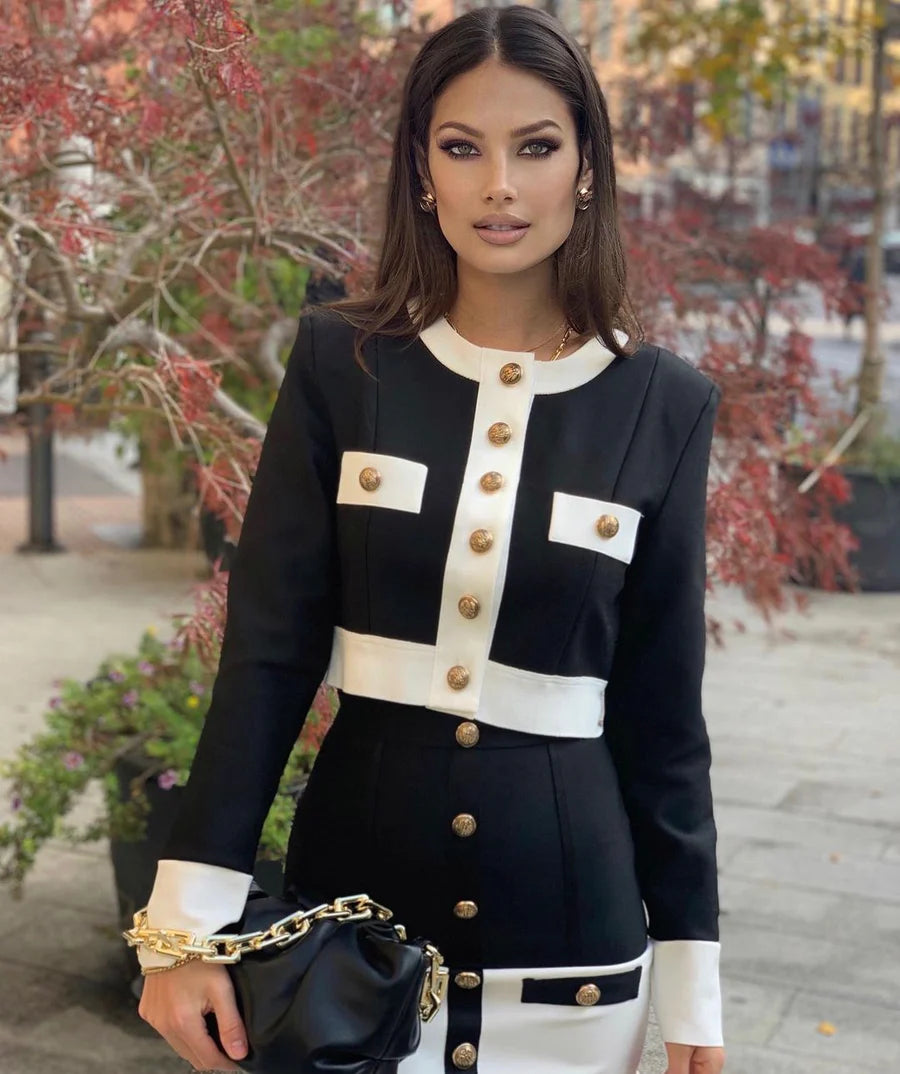 Long Sleeve Button Two Piece Dress Black White HV6907