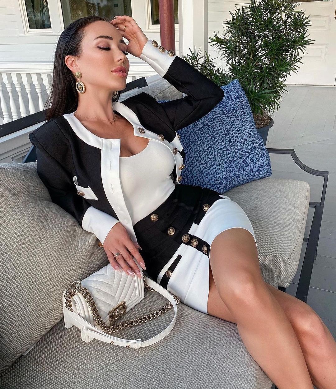 Long Sleeve Button Two Piece Dress Black White HV6907