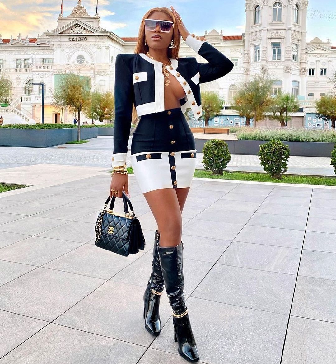 Long Sleeve Button Two Piece Dress Black White HV6907