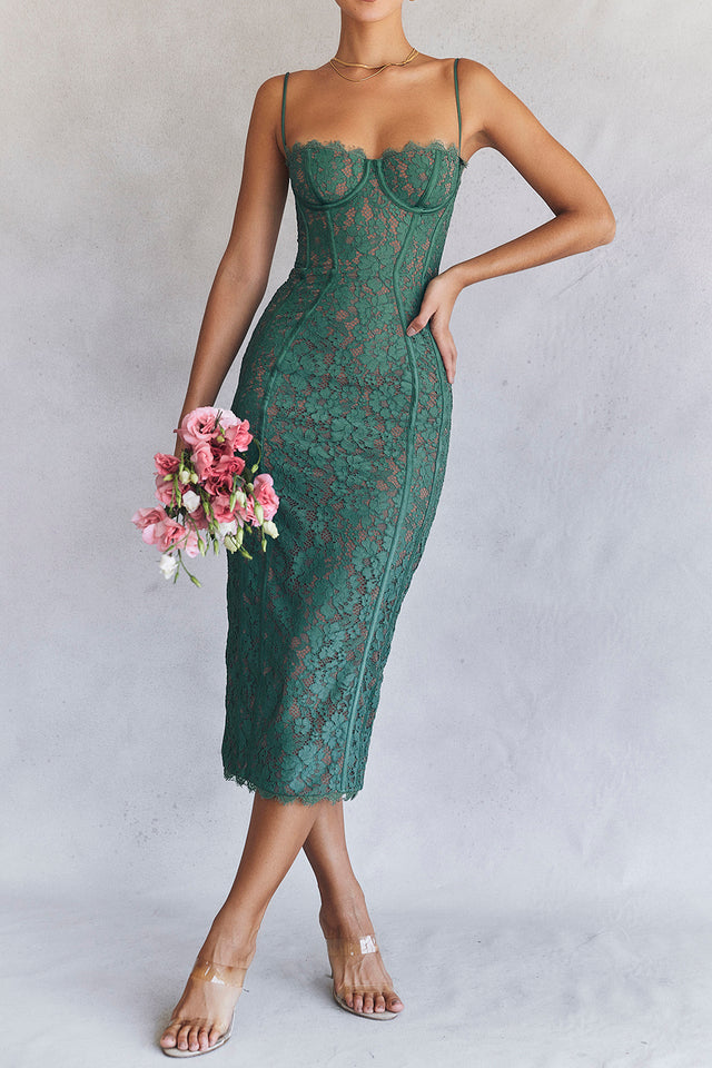 Bustier Detail Lace Midi Dress Green HV9329