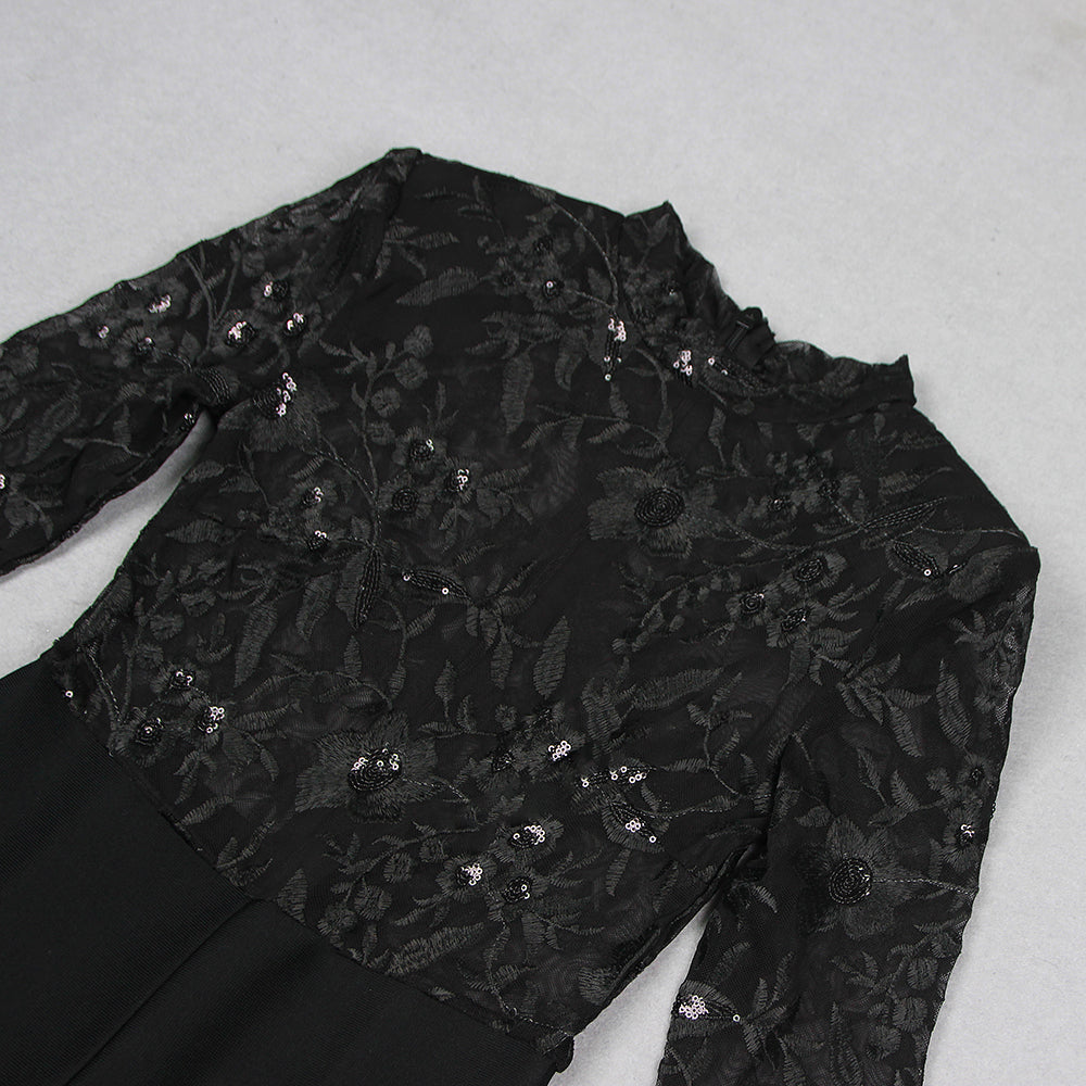 Long Sleeve Lace Sequin Jumpsuit Black HV1135